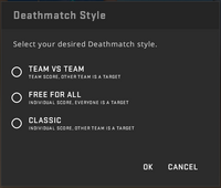 Global Offensive menu selection for choosing between Deathmatch styles.