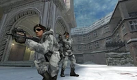 Official Steam screenshot, with two Arctic Avengers armed with P90s at the entrance of the church.