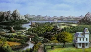 A view of Rusty Lake, including The Mill, The Chapel, Rusty Lake Hotel and the Vanderboom House.