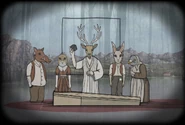 The Eilander family with their animal masks in Rusty Lake Paradise.