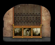 The closed sacrifice gate and empty timepiece slots in the alchemy laboratory in Rusty Lake: Roots.