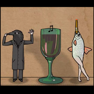 Mr. Crow, the glass of wine, and The Fish in the correct position.