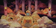 Midas on his throne surrounded by his golden statues and riches