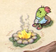 The completed campfire after all bosses have been defeated with Ms. Chalice