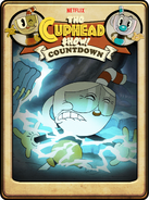 Cuphead dodging the bolts of the Devil's pitchfork