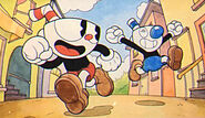 Cuphead and Mugman set off for home in a good ending.