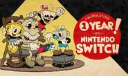 Mugman in the first year anniversary of Cuphead's Switch release