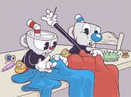 Mugman and Cuphead sewing something in an image found in the Studio MDHR website