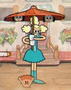 Sally Stageplay girando seu guarda-sol e fazendo dois ratinhos de brinquedo cairem.