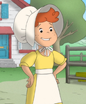 Allie in a pioneer dress in "Your Churn, George"