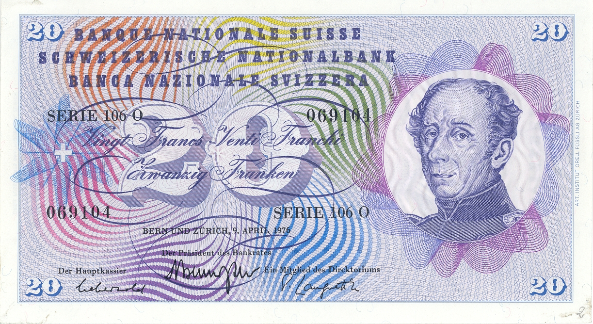 5th Series SWISS 20 FRANC BANK NOTE 