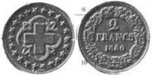 Switzerland 2 franc probe 1860