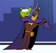 Om Nom removes Doberman's mask, revealing his eyes.