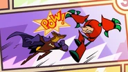 In the comic, Doberman does what it takes to defeat Evil Robocat and save the city.