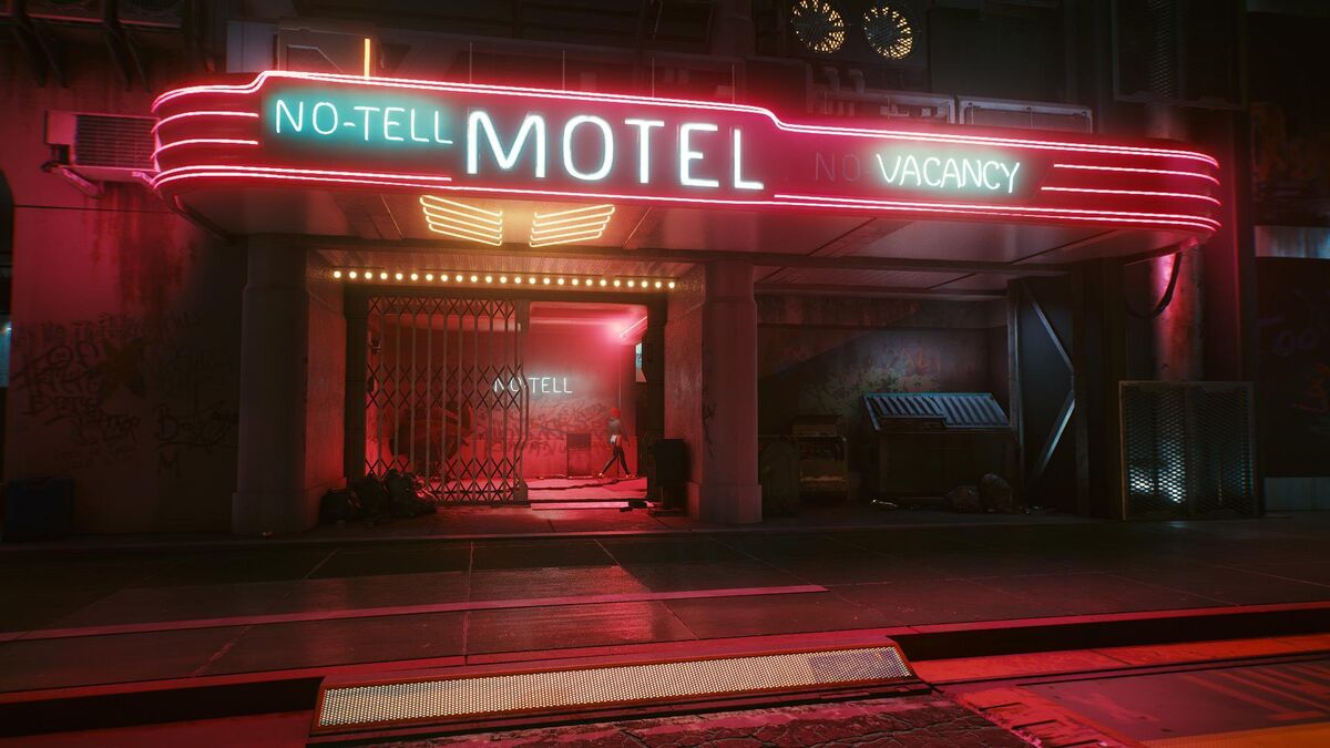 Ноу тел киберпанк. Cyberpunk 2077 мотель no-tell. Сансет мотель киберпанк. Мотель ноу Тилл киберпанк Cyberpunk 2077. Киберпанк 2077 отель Сансет.