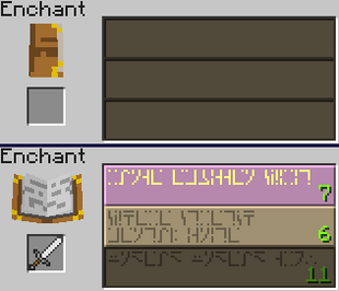 Interface Enchanant Tablu. Nahoře bez itemu. Dole s itemem a dostupnými enchanty. Poslední enchant není dostupný kvůli nedostatku XP.