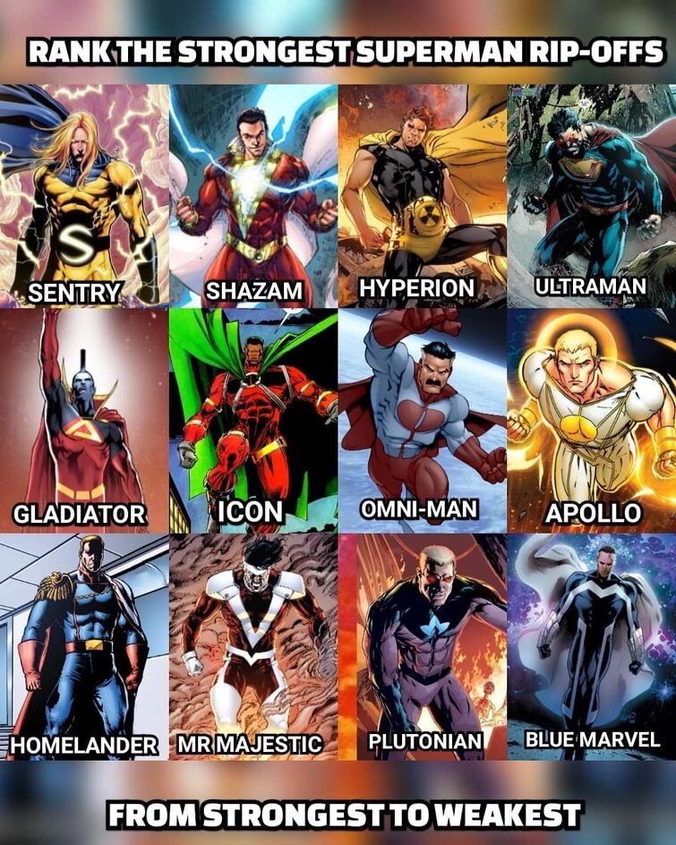 @_deathbattle on Instagram: “Who's the strongest of the #superman inspired characters?  #sentry #hyperion #shazam #bluemarvel #gladiator #ultraman #homelander #apollo…”