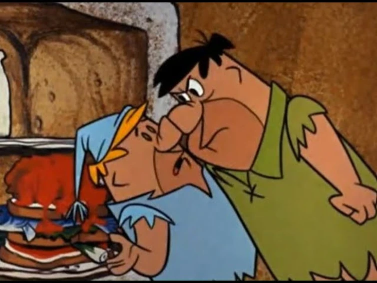The Flintstones - Fred and Barney fight all night while stuck together