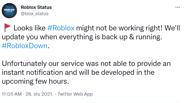 Twitter post about roblox going down