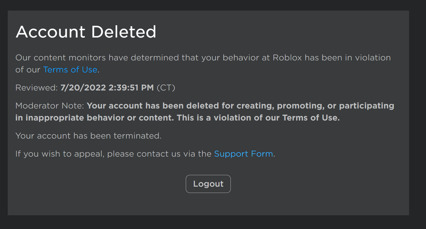Support terms. Бан аккаунта в РОБЛОКС. Account deleted Roblox. Your account deleted Roblox. Аккаунты в РОБЛОКС.