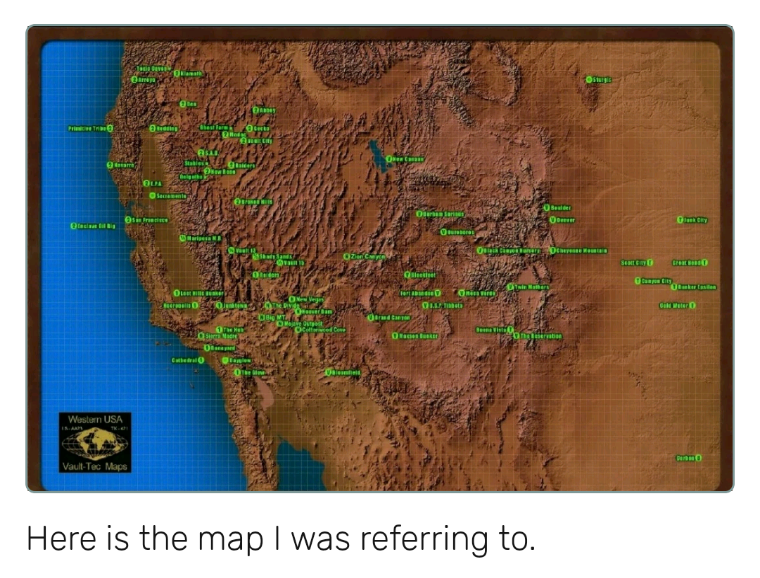 The Fallout Wiki on X: @JAKandBEL Ask and you shall receive! In order,  left to right: Sierra Madre, Zion Canyon, Big MT & The Divide.    / X