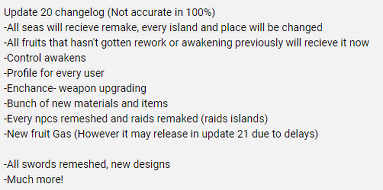 UNCONFIRMED changelog for blox fruits update 20