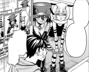 Milme and Avis meet Kimihito again outside the Honey Bee shop.