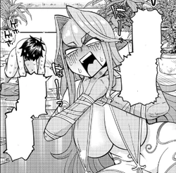 Kimihito overwhelms the Alraune with the liquid fertilizer.