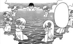 The Pans approach Kimihito during bath.