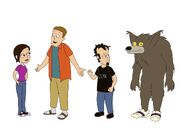Early versions of Dan, Chris, Elise and Wolf-Man