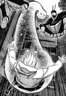 Momo and Bamora falling to the lower level.