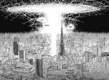 The opened warp gate of the Kur where UFOs begin to pass through.