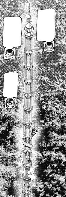 The massive tower Momo and Unji climb to escape from Medusa.