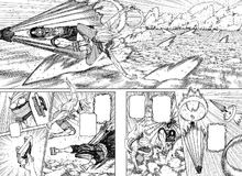Okarun and Umbrella Boy clashing at tremendous speeds.