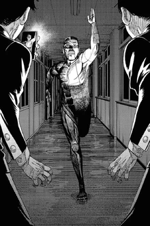 Taro running through the school at night.