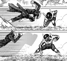 Hastur shifting Okarun's position back.