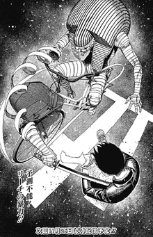 Mr. Dris manipulates the bandages to stab Okarun.