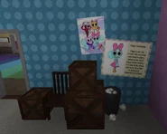 A corner of Poppy's room featuring Poppy's info card and a poster of her with Brightney, Scraps and Flutter