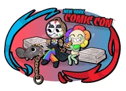NYCC artwork with Dandy, Dyle and Pebble eating pizza