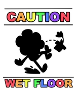 Dandy in a wet floor sign