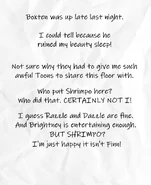 "Boxten was up late last night. I could tell because he ruined my beauty sleep! Not sure why they had to give me such awful Toons to share this floor with. Who put Shrimpo here? Who did that. CERTAINLY NOT I! I guess Razzle and Dazzle are fine. And Brightney is entertaining enough. But SHRIMPO? I'm just happy it isn't Finn!"