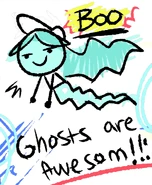 Kid'sConnieDrawing.png (877 KB) A drawing of Connie from a kid with writing saying "Ghosts are Awesom!!!" and the word "BOO" on it