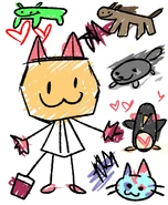 A kid's drawing of Scraps along with other animals and Pebble