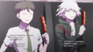 Nagito and Hajime smiling as they return to Jabberwock Island.