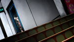 Looking down the basement stairs with Shuichi