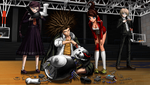 Toko, Aoi, Byakuya, and Yasuhiro dismantling an inactive Monokuma