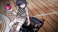 Danganronpa V3 CG - Kokichi Oma with the weapons to defeat Monokuma.png