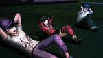 Lying down while Shuichi and Maki exercise