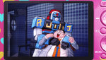 Photo of Hifumi dragging Yasuhiro away in the Robo Justice costume