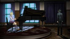 Danganronpa V3 CG - Shuichi Saihara imagining Kaede Akamatu's spirit playing the piano.png